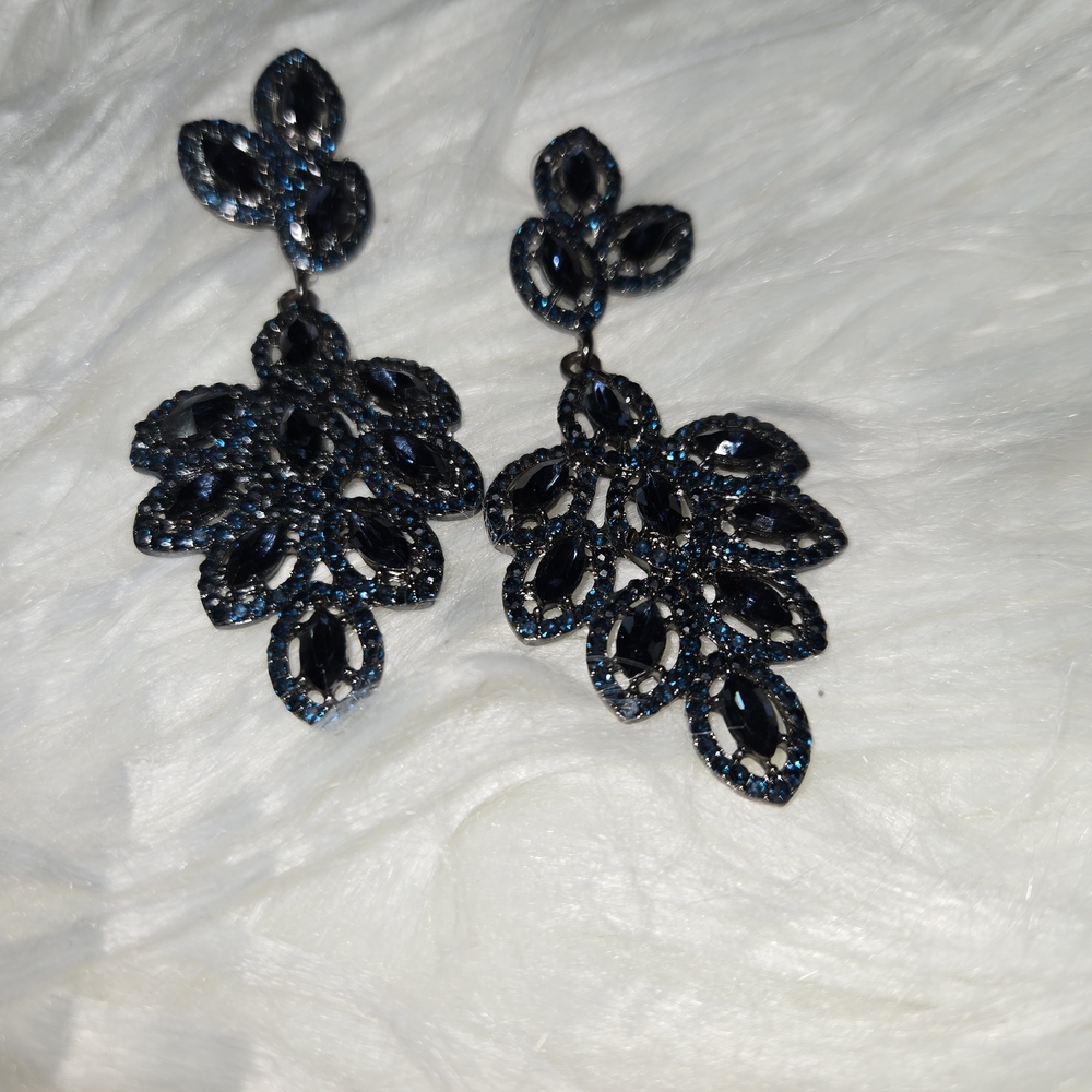 Chandelier Navy Black Rhinestone Vintage Earrings - Picture 1 of 4
